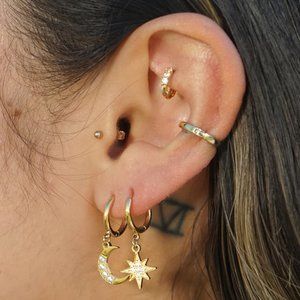 3/$30 Star Moon Celestial Huggie Gold Plated Hoops Earrings